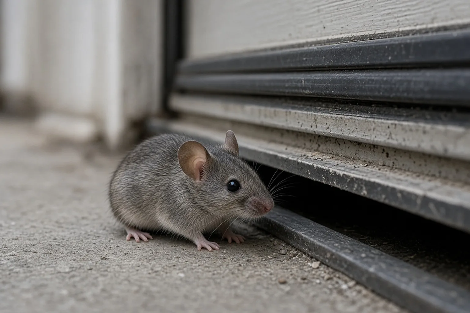 Mouse at a gap beside a garage door seal