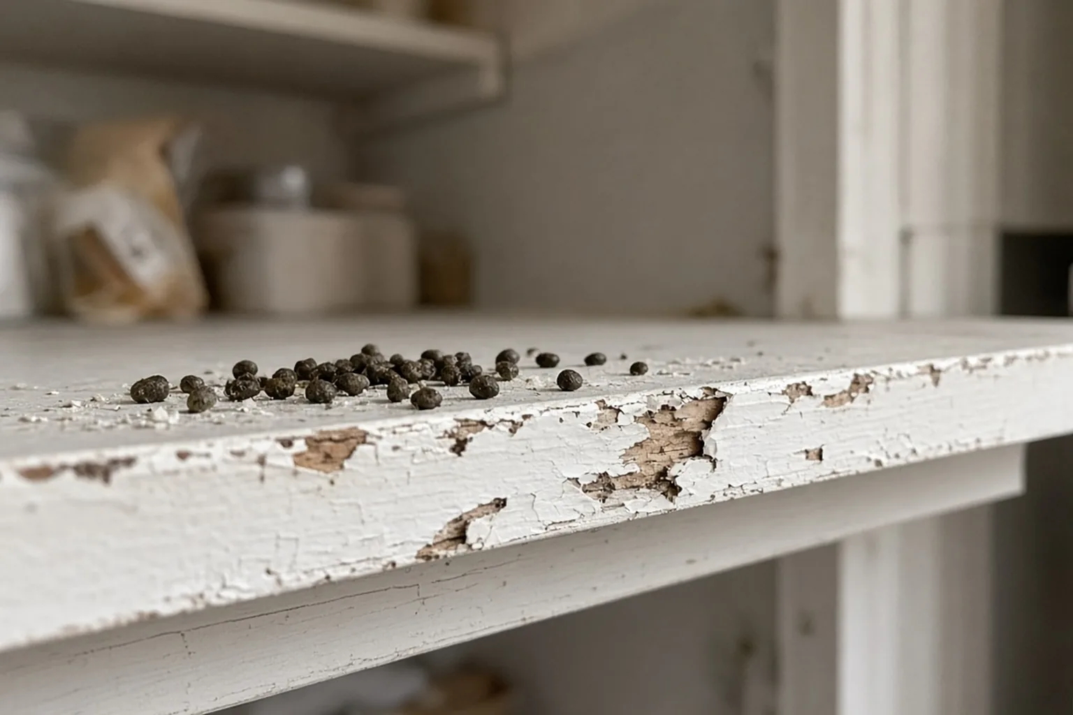 Droppings and gnaw marks on a pantry shelf edge