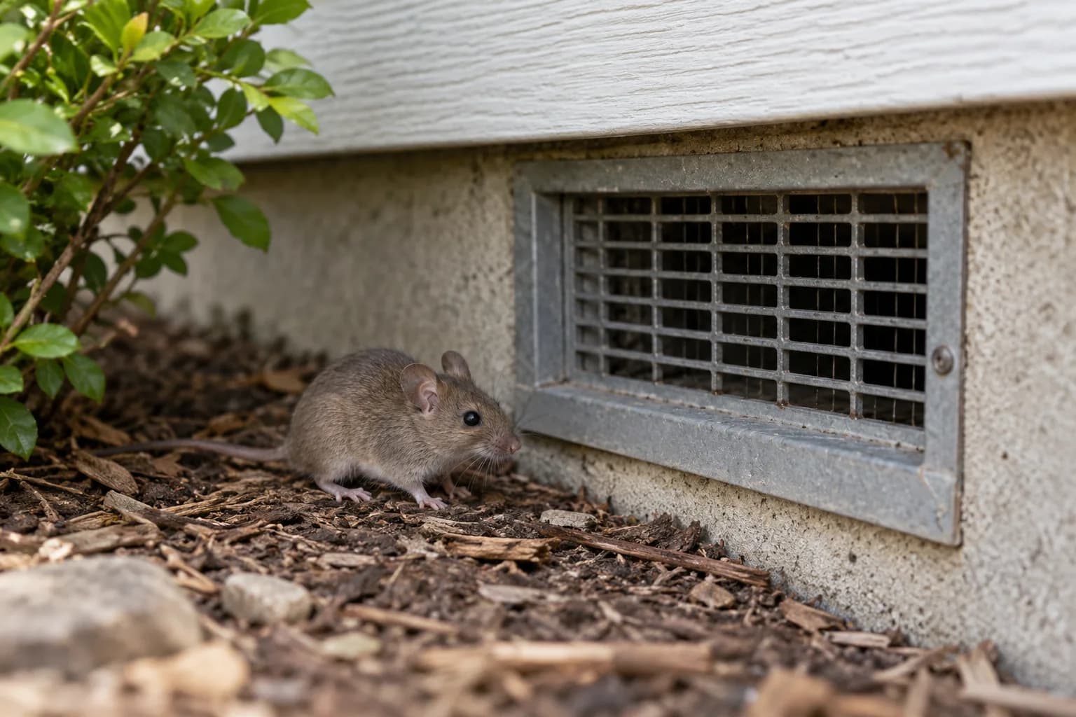 Mouse beside an exterior foundation vent
